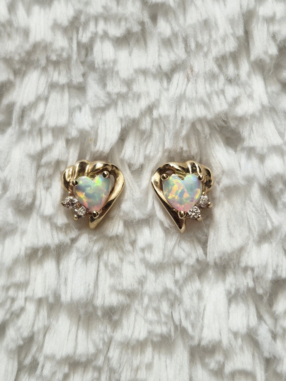 10k Yellow Gold Heart Opal & Diamond Stud Earrings